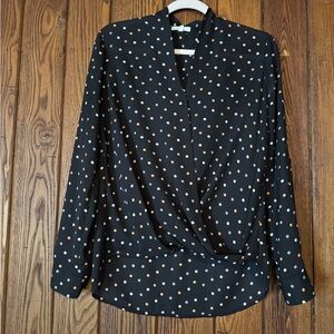 Pleione Black Polka Dot Draped Front Blouse